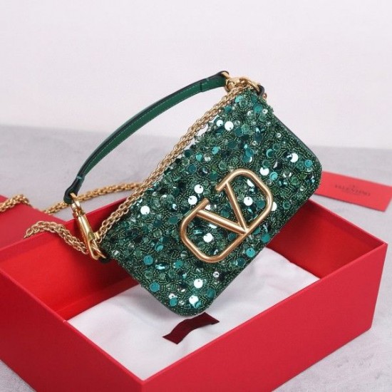 Valentino Small Loco Shoulder Bag with Green 3D effect Embroidery