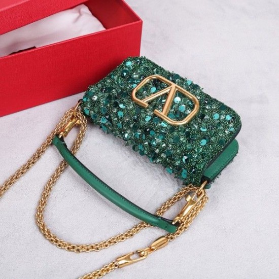 Valentino Small Loco Shoulder Bag with Green 3D effect Embroidery