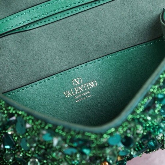 Valentino Small Loco Shoulder Bag with Green 3D effect Embroidery