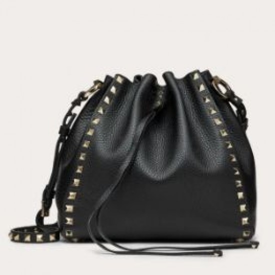 Valentino Small Rockstud Bucket Bag In Black Grained Calfskin