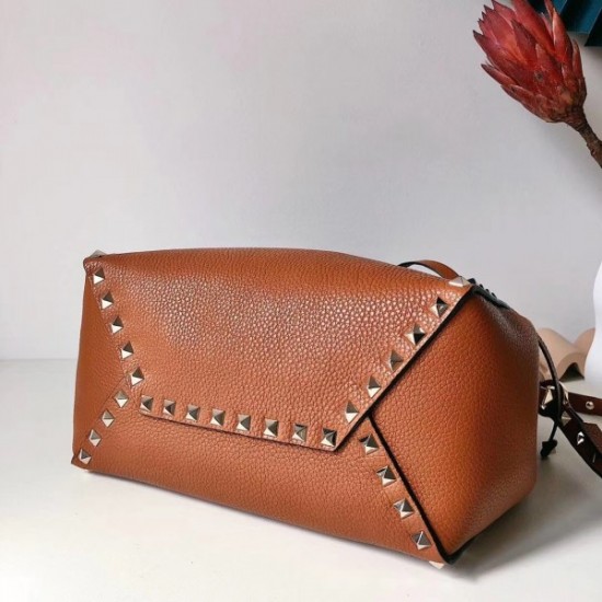 Valentino Small Rockstud Bucket Bag In Brown Grained Calfskin