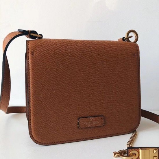 Valentino Small Vsling Shoulder Bag In Brown Grainy Leather