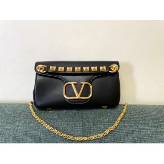 Valentino Stud Sign Shoulder Bag In Black Nappa Leather