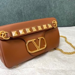 Valentino Stud Sign Shoulder Bag In Brown Nappa Leather