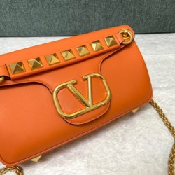 Valentino Stud Sign Shoulder Bag In Orange Nappa Leather