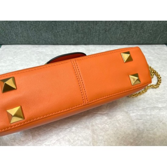 Valentino Stud Sign Shoulder Bag In Orange Nappa Leather