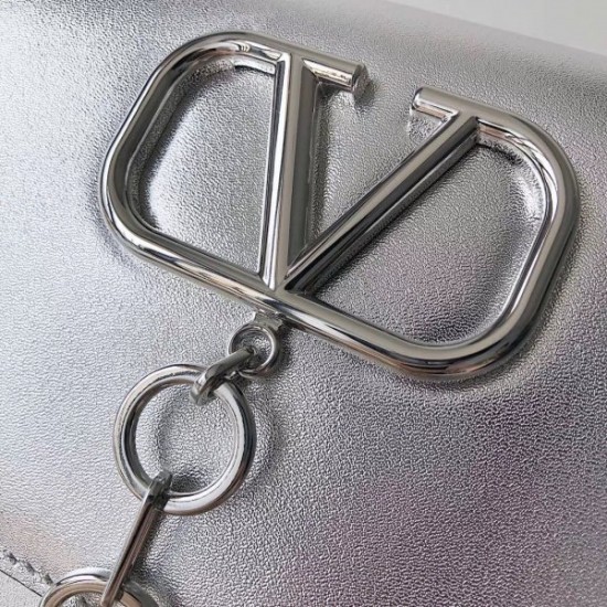 Valentino Vcase Small Chain Bag In Silver Metallic Lambskin