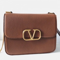 Valentino Vsling Large Shoulder Bag In Brown Grained Calfskin