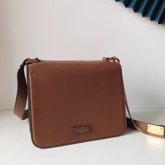 Valentino Vsling Large Shoulder Bag In Brown Grained Calfskin