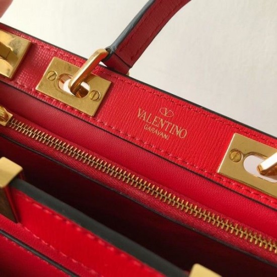 Valentino Medium Rockstud Alcove Top Handle Bag In Red Calfskin