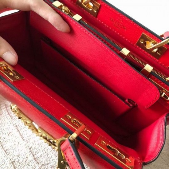 Valentino Medium Rockstud Alcove Top Handle Bag In Red Calfskin