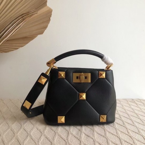 Valentino Small Roman Stud Top Handle Bag In Black Nappa