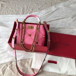 Valentino Small Roman Stud Top Handle Bag In Flamingo Nappa