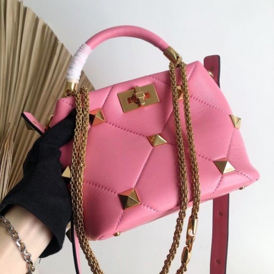 Valentino Small Roman Stud Top Handle Bag In Flamingo Nappa