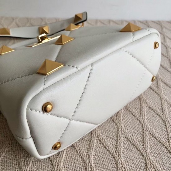 Valentino Small Roman Stud Top Handle Bag In White Nappa