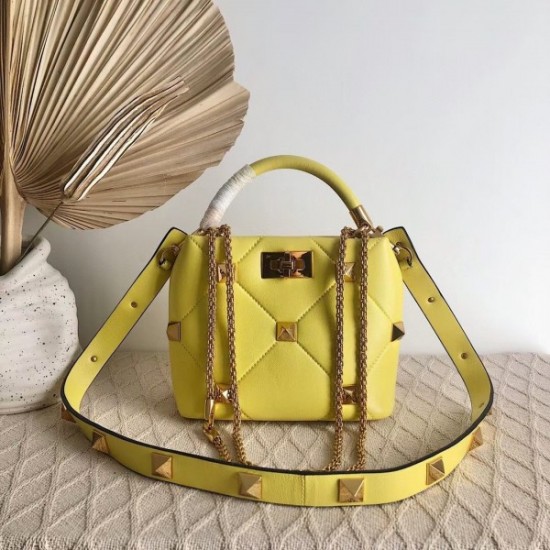 Valentino Small Roman Stud Top Handle Bag In Yellow Nappa