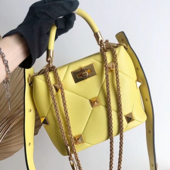 Valentino Small Roman Stud Top Handle Bag In Yellow Nappa