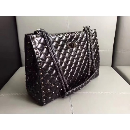 Valentino All Black Rockstud Spike Tote Bag