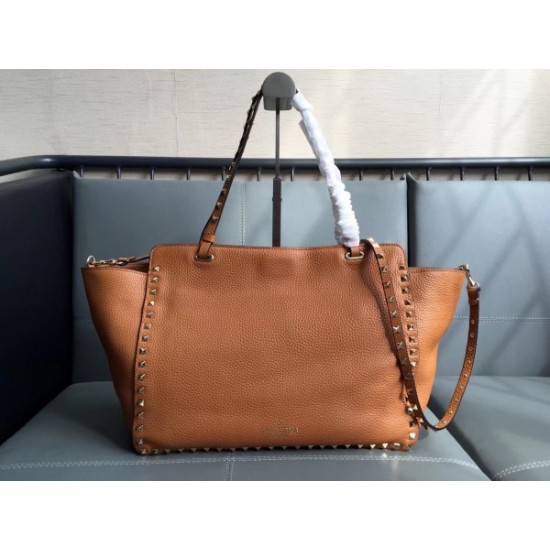 Valentino Medium Rockstud Tote Bag In Brown Grainy Calfskin