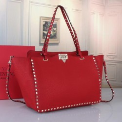 Valentino Medium Rockstud Tote In Red Grain Calfskin