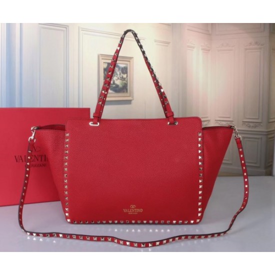 Valentino Medium Rockstud Tote In Red Grain Calfskin