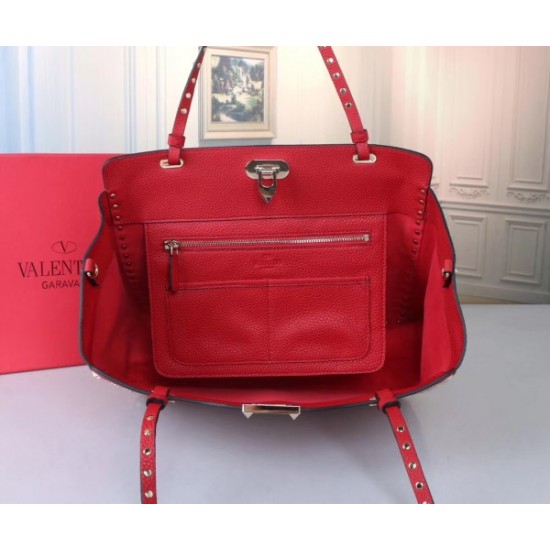 Valentino Medium Rockstud Tote In Red Grain Calfskin