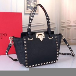 Valentino Mini Rockstud Tote In Black Grain Calfskin