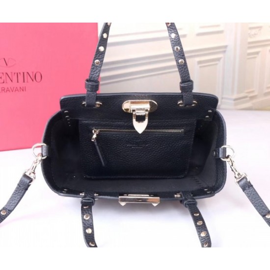 Valentino Mini Rockstud Tote In Black Grain Calfskin