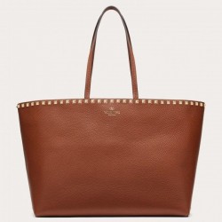 Valentino Rockstud Large Shopping Bag In Brown Leather 