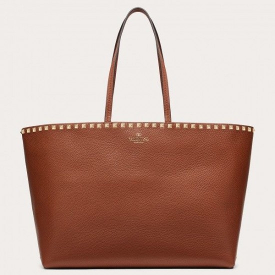 Valentino Rockstud Large Shopping Bag In Brown Leather 