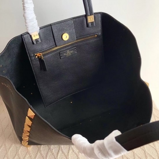 Valentino Roman Stud Tote Bag In Black Grainy Calfskin