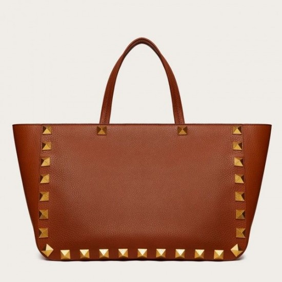 Valentino Roman Stud Tote Bag In Brown Grainy Calfskin