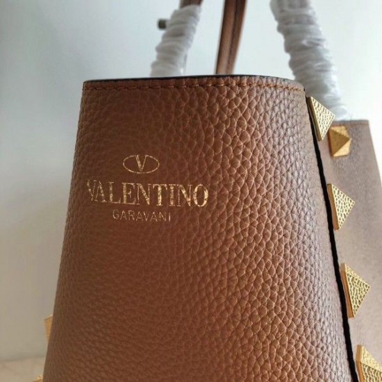 Valentino Roman Stud Tote Bag In Brown Grainy Calfskin