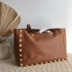 Valentino Roman Stud Tote Bag In Brown Grainy Calfskin