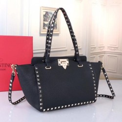 Valentino Small Rockstud Tote In Black Grain Calfskin