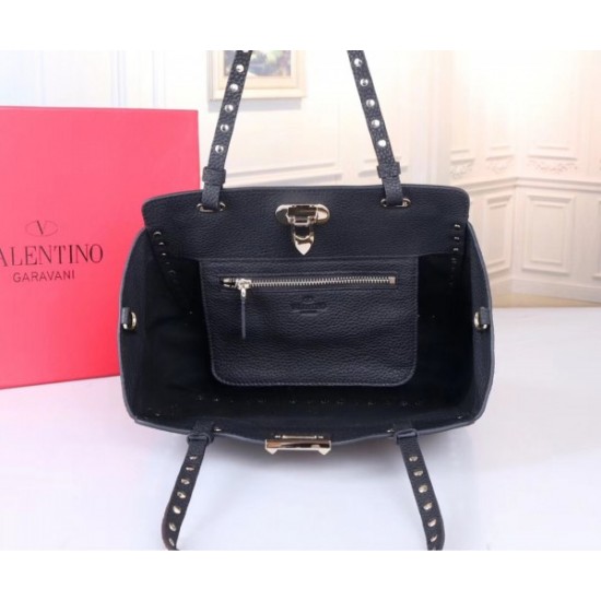 Valentino Small Rockstud Tote In Black Grain Calfskin