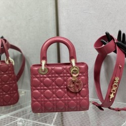 Dior four-row plaid red cannage lambskin small lady Dior bag