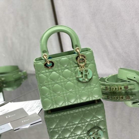 Dior four-row plaid green lambskin small lady Dior bag