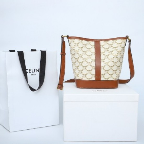 Celine 191442 white small bucket in triomphe canvas and calfskin