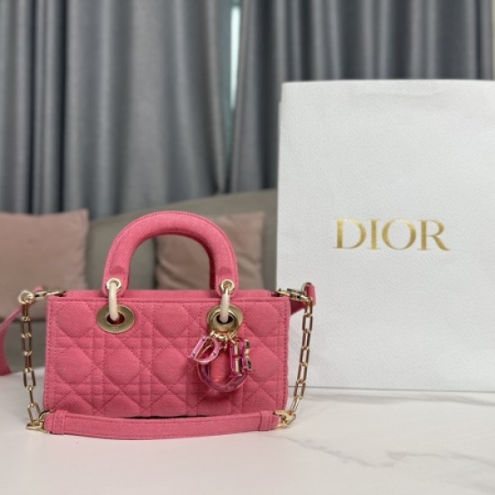 Dior 1103 2023 Lady D-Joy Small Pink Rattan Plaid Denim Handbag