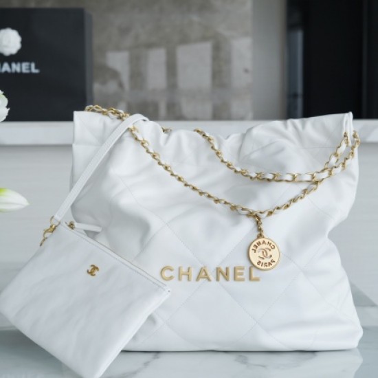 Chanel AS3261 Medium White Shiny Calfskin &Gold-Tone Metal Chanel 22 Handbag