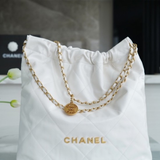 Chanel AS3262 Large White Shiny Calfskin & Gold-Tone Metal Chanel 22 Large Handbag