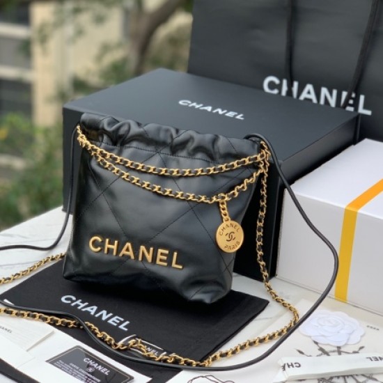 Chanel AS3980 Mini Black Shiny Calfskin & Gold-Tone Metal Chanel 22 Mini Handbag