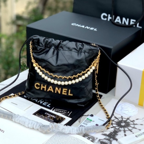 Chanel AS3980 Mini Black Pearl Shiny Crumpled Calfskin & Gold-Tone Metal Chanel 22 Mini Handbag