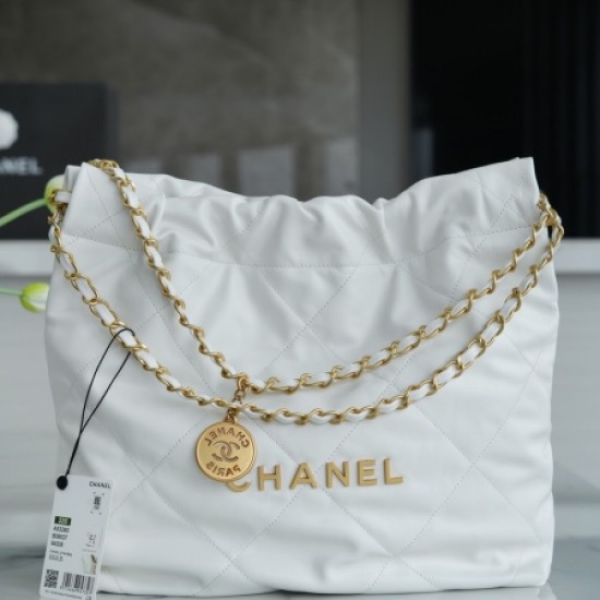 Chanel AS3260 Small White Shiny Calfskin & Gold-Tone Metal Chanel 22 Small Handbag