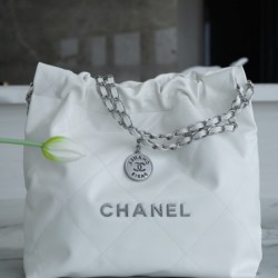 Chanel AS3260 Small White Shiny Calfskin & Silver-Tone Metal Chanel 22 Small Handbag