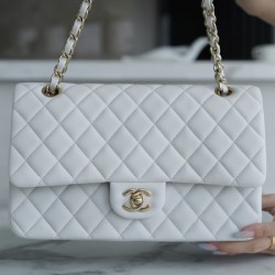 Chanel White & Gold Hardware Italian Gaiera Lambskin Classic Handbag