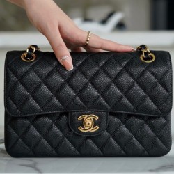 Chanel Black & Gold Hardware Italy Grained Cowhide Small Classic Handbag