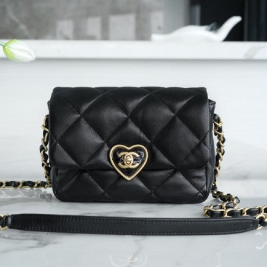 Chanel Black & Love Enamel Buckle Italy Imported Lambskin New Mini Flap Bag