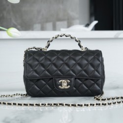 Chanel 23A Black Small Italian Imported Lambskin Crystal Handle Small Classic Handbag